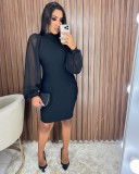 Black turtleneck mesh see-through lantern sleeve midi dress with hips