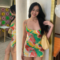 Tie-Dye Skirt Sexy Tie Backless Slip Dress