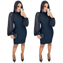 Black turtleneck mesh see-through lantern sleeve midi dress with hips
