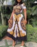 Fashion Casual Gold Chain Print Pleated Dress