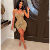 Solid Color Mesh See-Through Wrap Bust Ruffle Irregular Skirt Dress