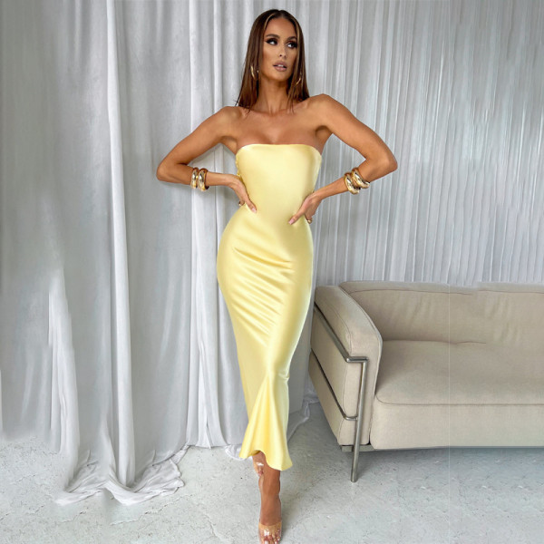 Solid color sexy open back temperament slim tube top dress