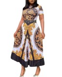 Fashion Casual Gold Chain Print Pleated Dress