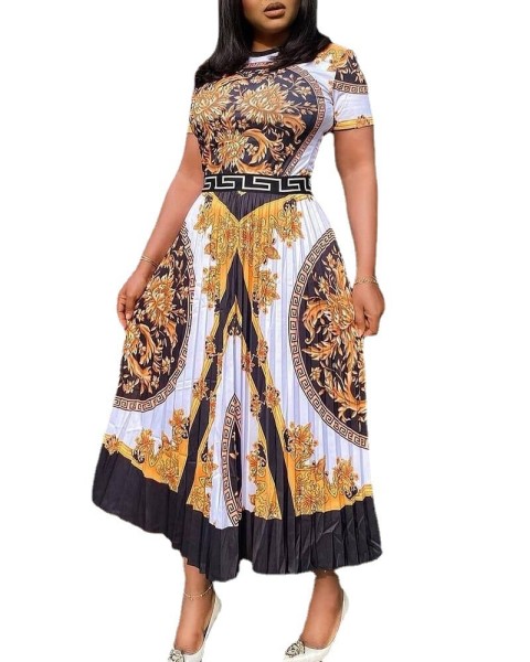 Fashion Casual Gold Chain Print Pleated Dress
