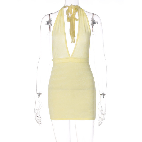Solid Color Deep V Short Skirt Sexy Backless Halter Dress