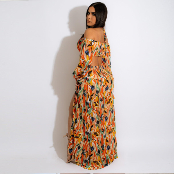 Sexy Chiffon Long Sleeve Off Shoulder Print Dress
