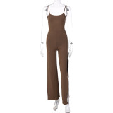 Solid color slit trousers open back suspender jumpsuit