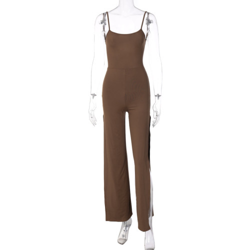 Solid color slit trousers open back suspender jumpsuit