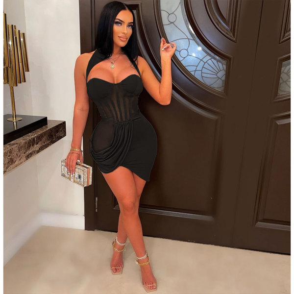 Solid Color Mesh See-Through Wrap Bust Ruffle Irregular Skirt Dress