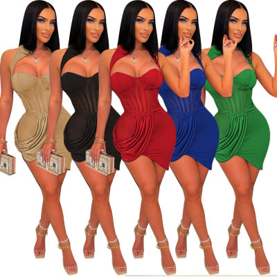 Solid Color Mesh See-Through Wrap Bust Ruffle Irregular Skirt Dress