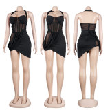 Solid Color Mesh See-Through Wrap Bust Ruffle Irregular Skirt Dress