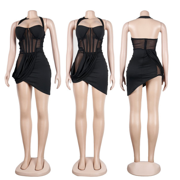 Solid Color Mesh See-Through Wrap Bust Ruffle Irregular Skirt Dress