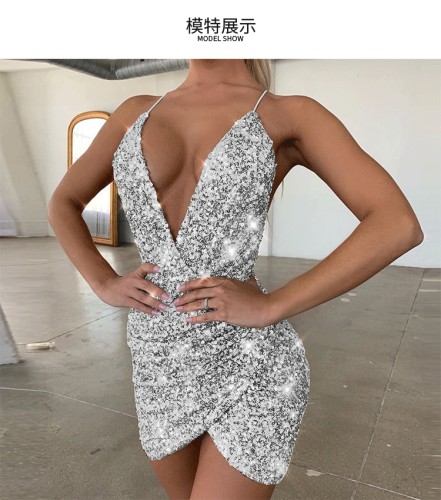 Sequin Sexy Dress V-Neck Skinny Slip Dress