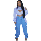Button-panel cropped navel fashion shirt two-piece set