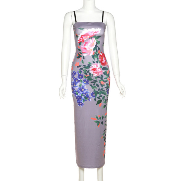 Sexy suspenders open back tube top floral print slim fit dress