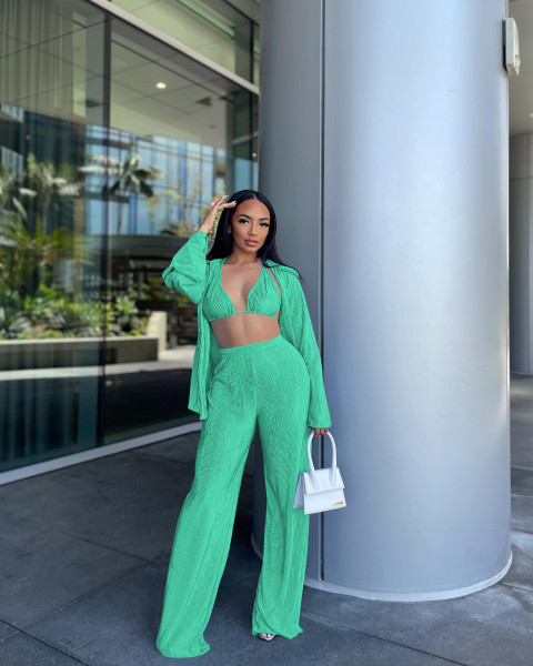 Fashion sexy pleated cardigan three-piece set