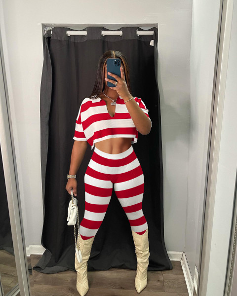 pit stripe print open waist two-piece