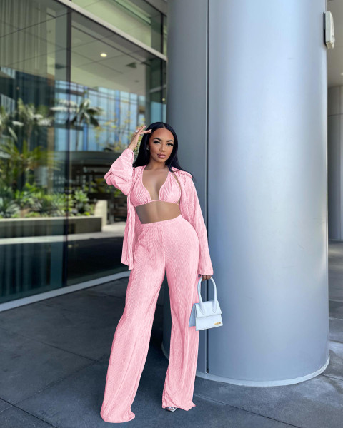 Fashion sexy pleated cardigan three-piece set