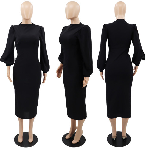 Elegant Slim Dress Women Fashion Round Neck Long Sleeve Slim Fit Party Dress