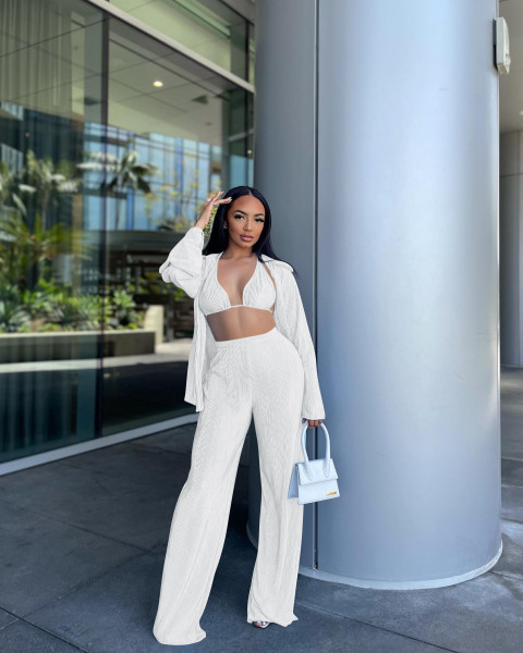 Fashion sexy pleated cardigan three-piece set