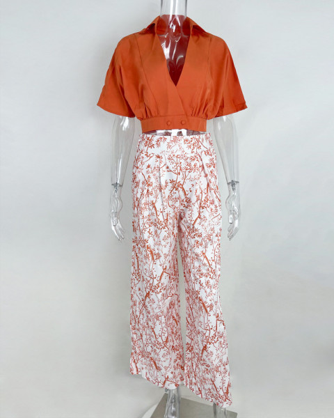 V-Neck Cropped Two-Piece Shirt Top Print Commuter Wide Leg Pants Set