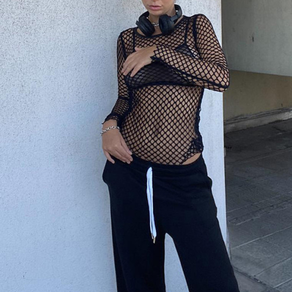 Solid Color Round Neck Pullover Long Sleeve Fishnet Cutout Top T-Shirt