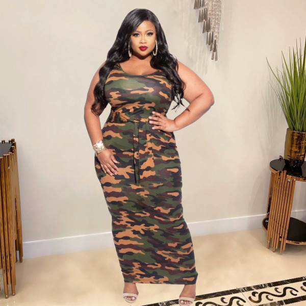Sexy Sling Camo Long Dress Lace Up Plus Size Dress