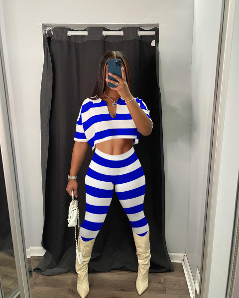 pit stripe print open waist two-piece