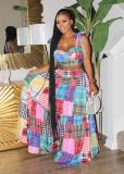 Women's Fashion Plaid Print Lace Up Skirt 2 Piece Dress Set