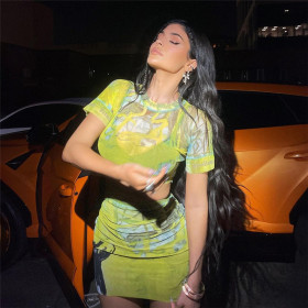 Fashion Graffiti Round Neck Short Sleeve Wear Tight Hip Dress