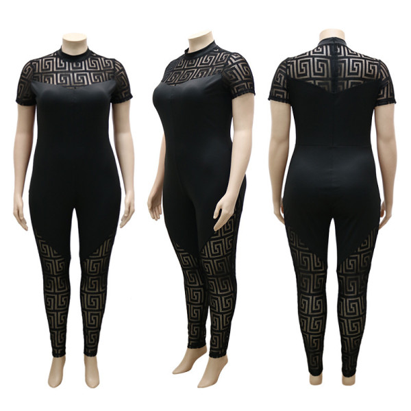 Solid Color Perspective Polyester Mesh Large Size Zipper Jumpsuit Women's One Piece