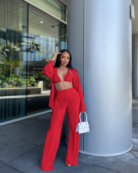 Fashion sexy pleated cardigan three-piece set