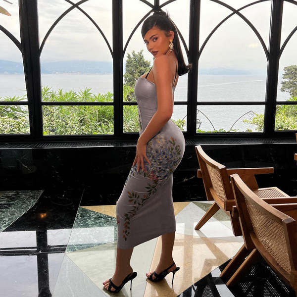 Sexy suspenders open back tube top floral print slim fit dress