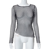 Solid Color Round Neck Pullover Long Sleeve Fishnet Cutout Top T-Shirt