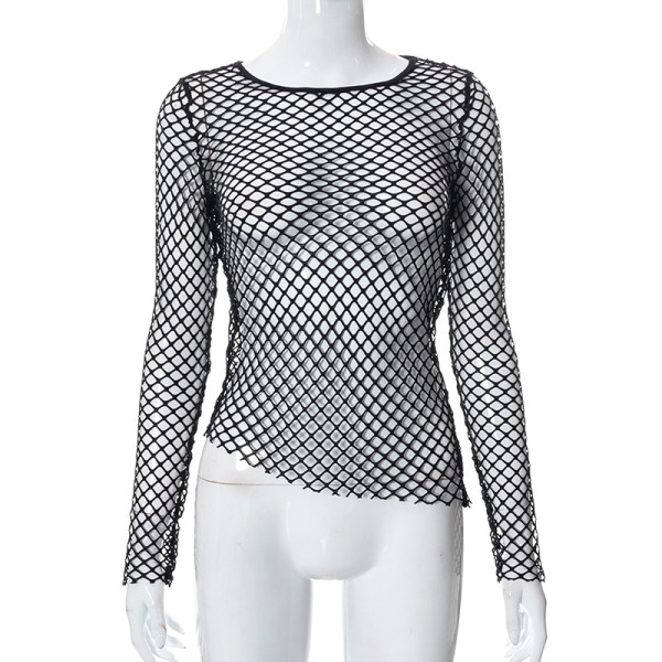Solid Color Round Neck Pullover Long Sleeve Fishnet Cutout Top T-Shirt