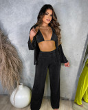 Sexy velvet solid cardigan three-piece set