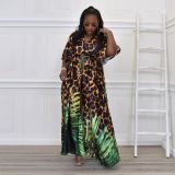 Women's Lace Up Belt Leaves Leopard Print Cardigan Plus Size Dress