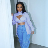 Button-panel cropped navel fashion shirt two-piece set