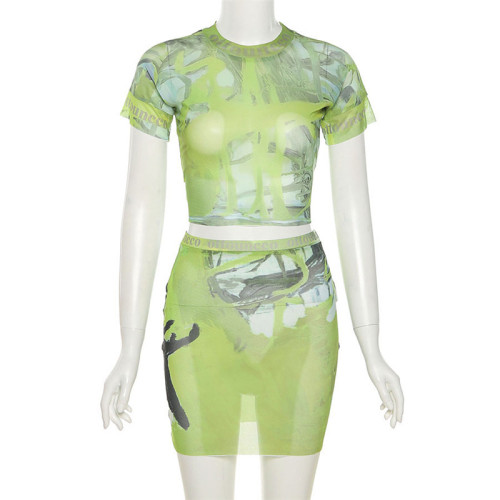 Fashion Graffiti Round Neck Short Sleeve Wear Tight Hip Dress