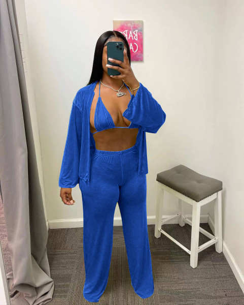 Sexy velvet solid cardigan three-piece set