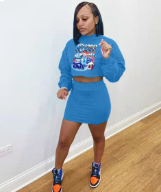 Women's Short Skirt Digital Positioning Print Sexy Navel Blue Suit