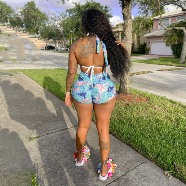 V-neck wrap chest shorts fashion print suit