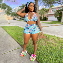 V-neck wrap chest shorts fashion print suit