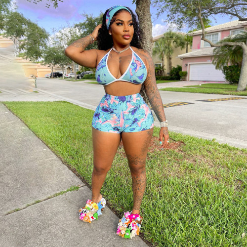 V-neck wrap chest shorts fashion print suit