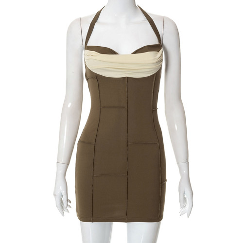 Contrasting Mesh Panel Slim Fit Mini Halter Dress