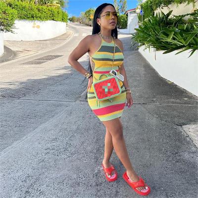Fashion Sexy Babes Backless Rainbow Print Slim Fit Hip Dress