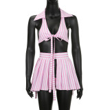 Women's Striped Print Suit Collar Tie Vest Pleated Skirt Panties Sexy Hot Girl Three Piece