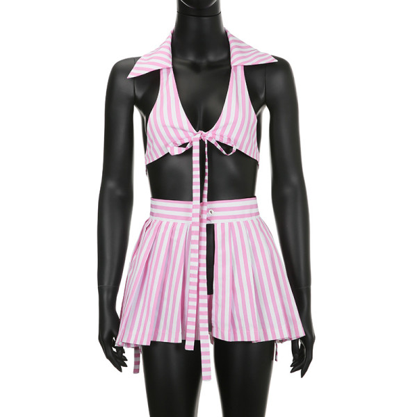 Women's Striped Print Suit Collar Tie Vest Pleated Skirt Panties Sexy Hot Girl Three Piece