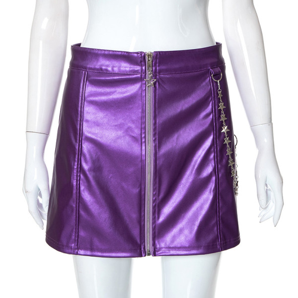 Solid Color Zipper High Waist Bag Hip Chain Casual Short Skirt