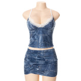 Sling Denim Print Low Waist Hip Short Skirt Two Piece Set